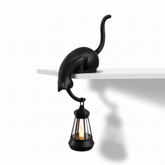 Gato con farol: luz cálida para tu repisa